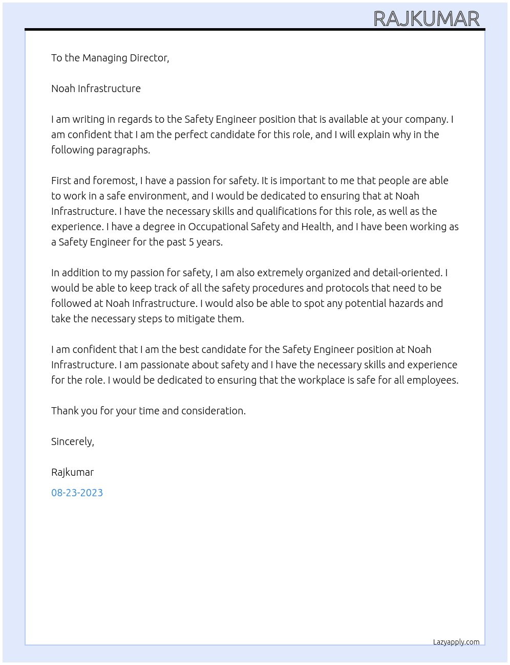Safety Engineer  At Noah infrastructure  Cover Letter