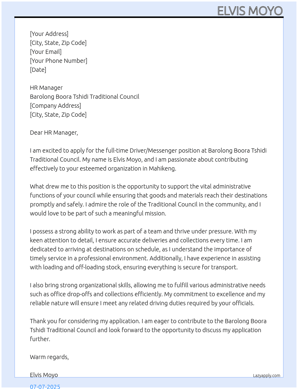 Cover letter for driver/messsenger - LazyApply