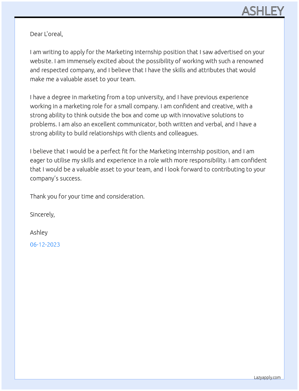 Marketing Internship At L'oreal Cover Letter