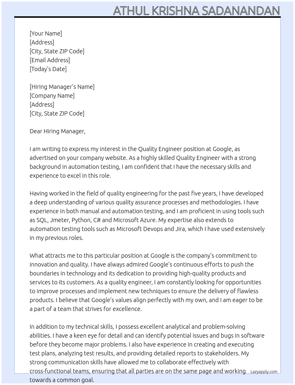 quality engineer At google Cover Letter