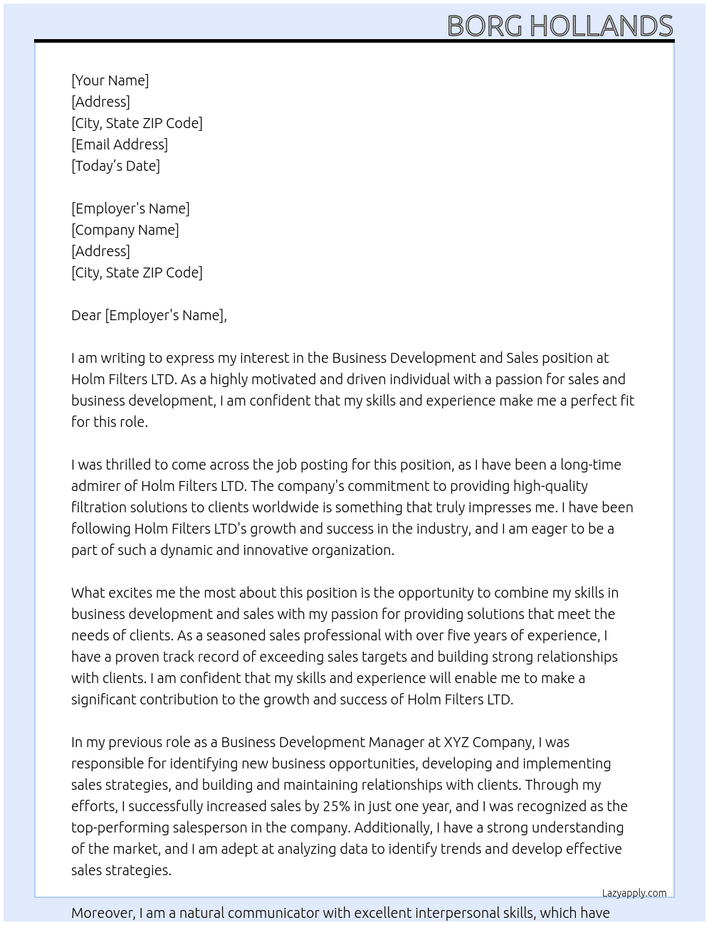 Business development and salaes At Holm Filters LTD Cover Letter