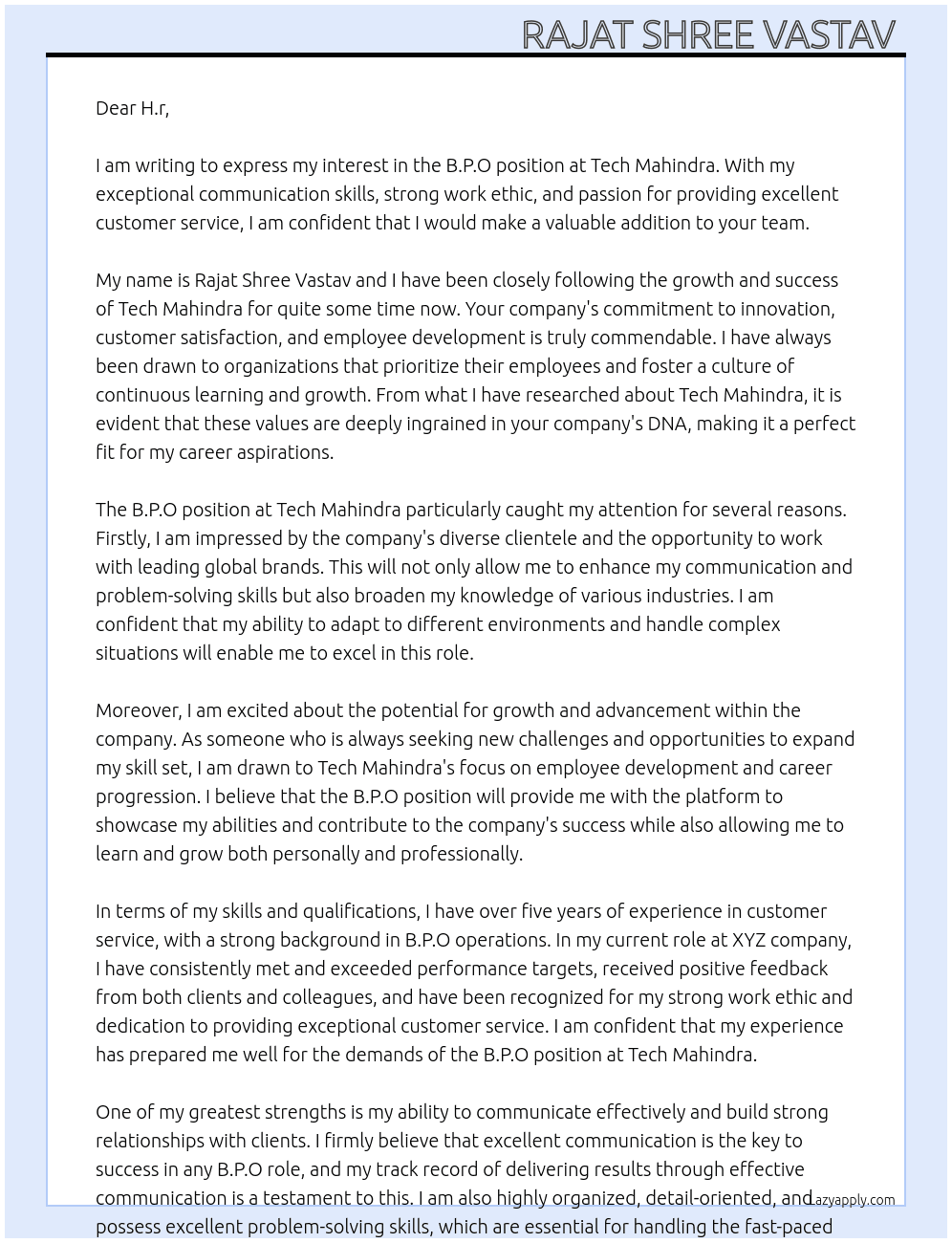 B.P.O At Tech Mahindra  Cover Letter