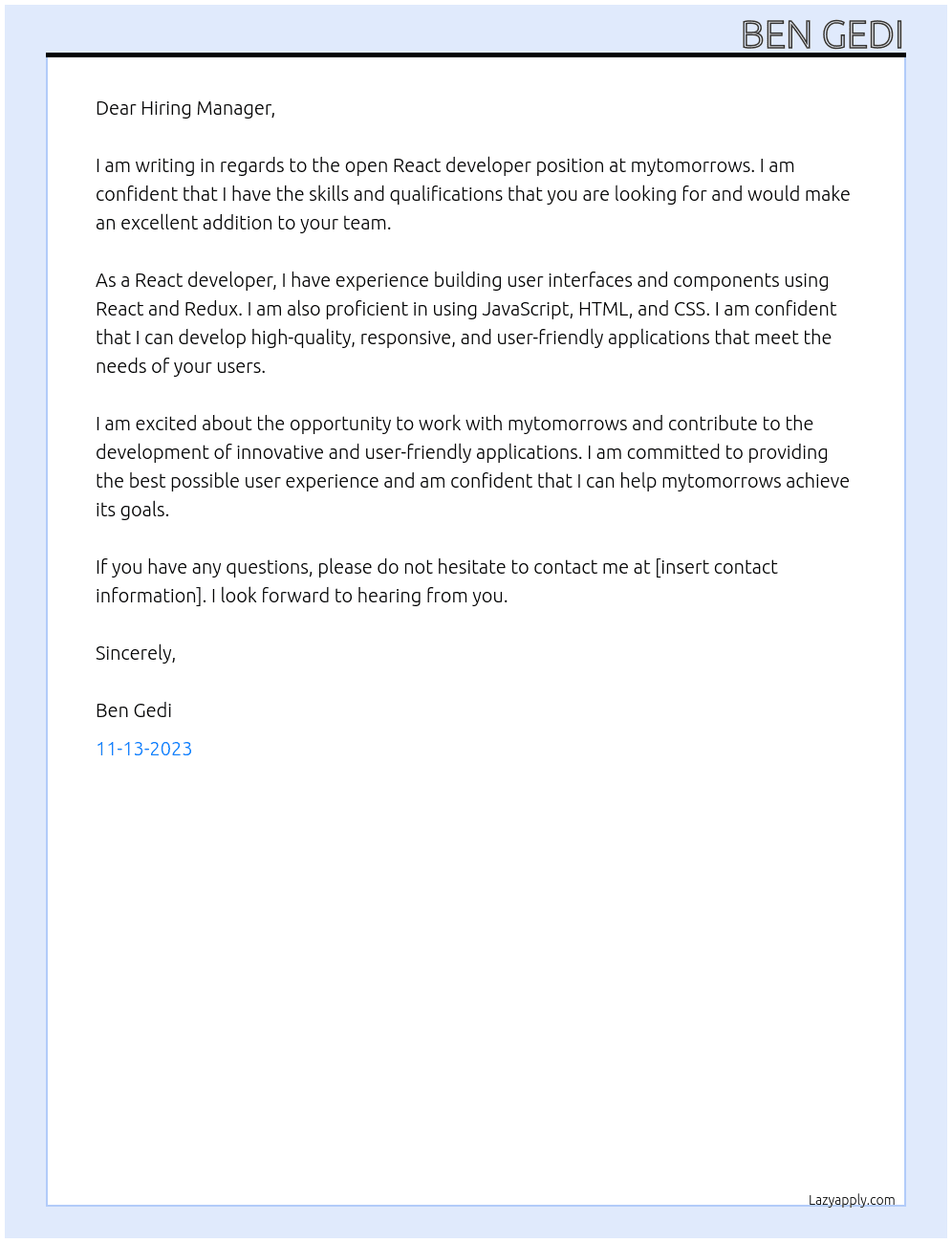 React developer At mytomorrows Cover Letter