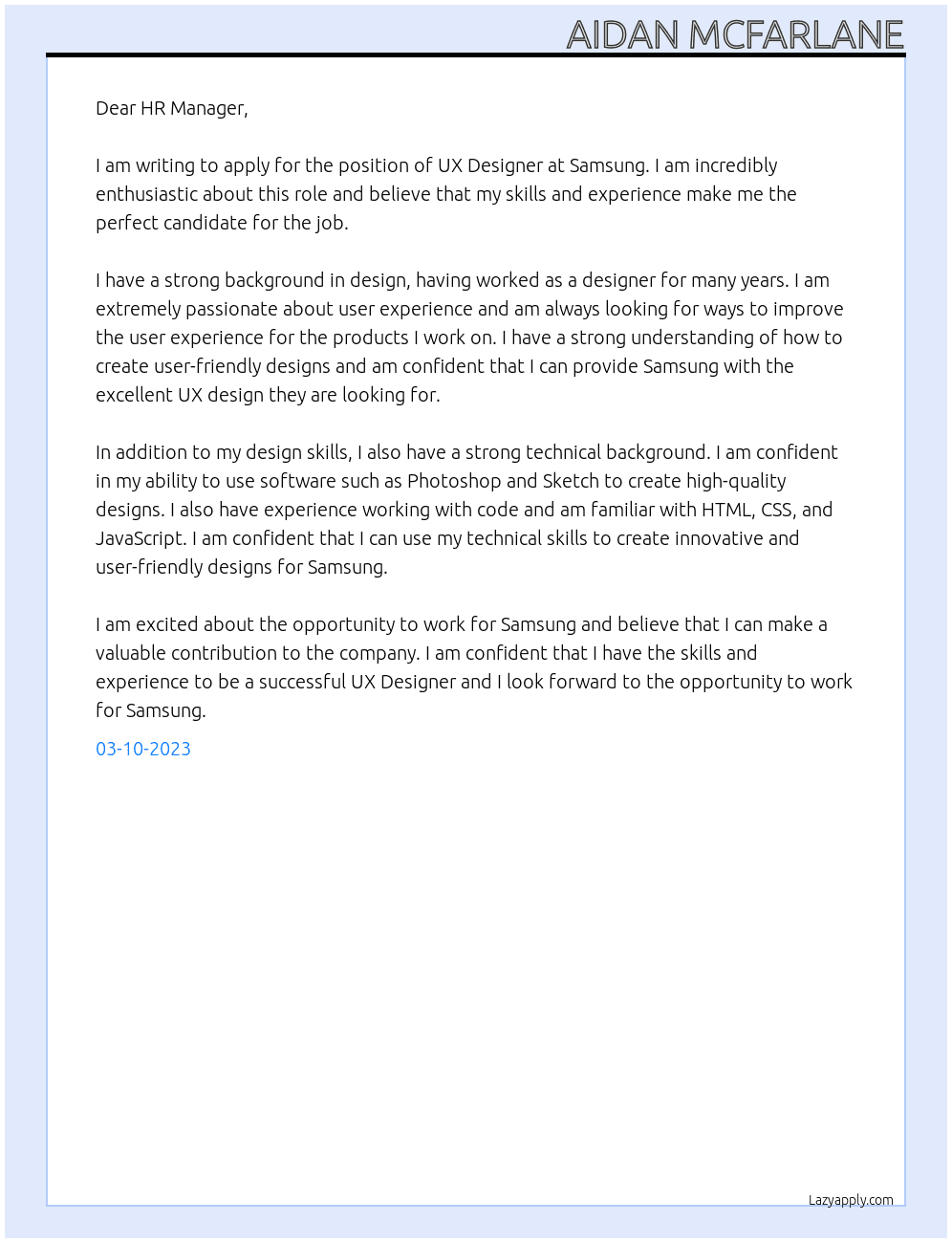 UX Designer At Samsung Cover Letter