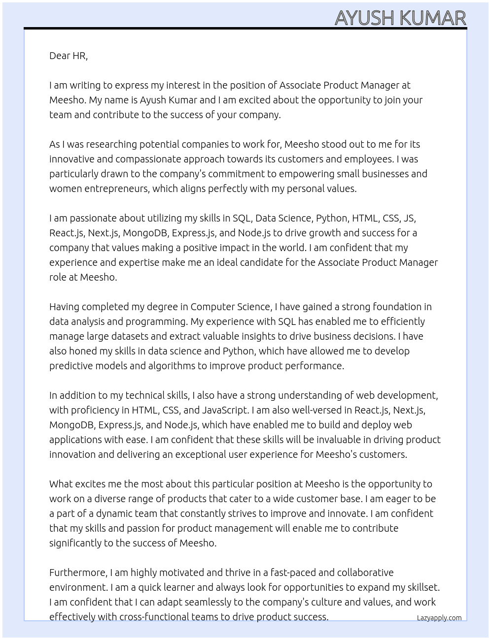 Associate Product Manager At Meesho Cover Letter