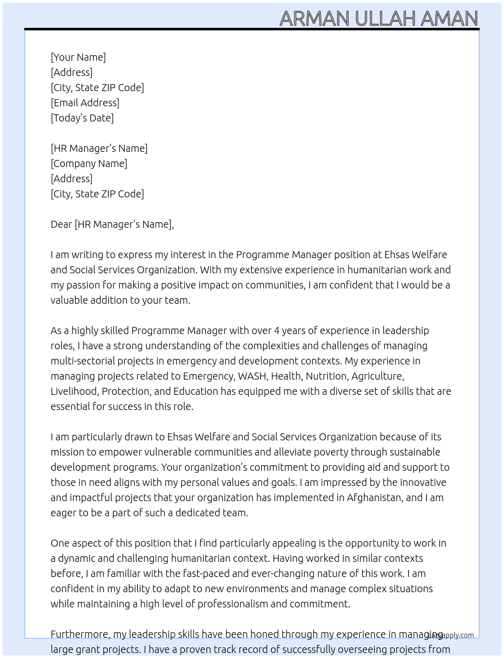 Programme Manager At Ehsas Welfare and Social Services Organization Cover Letter