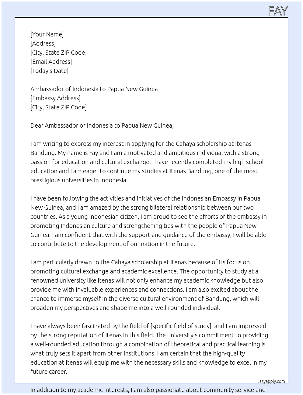 Applying for Cahaya scholarship at itenas At Itenas bandung Cover Letter