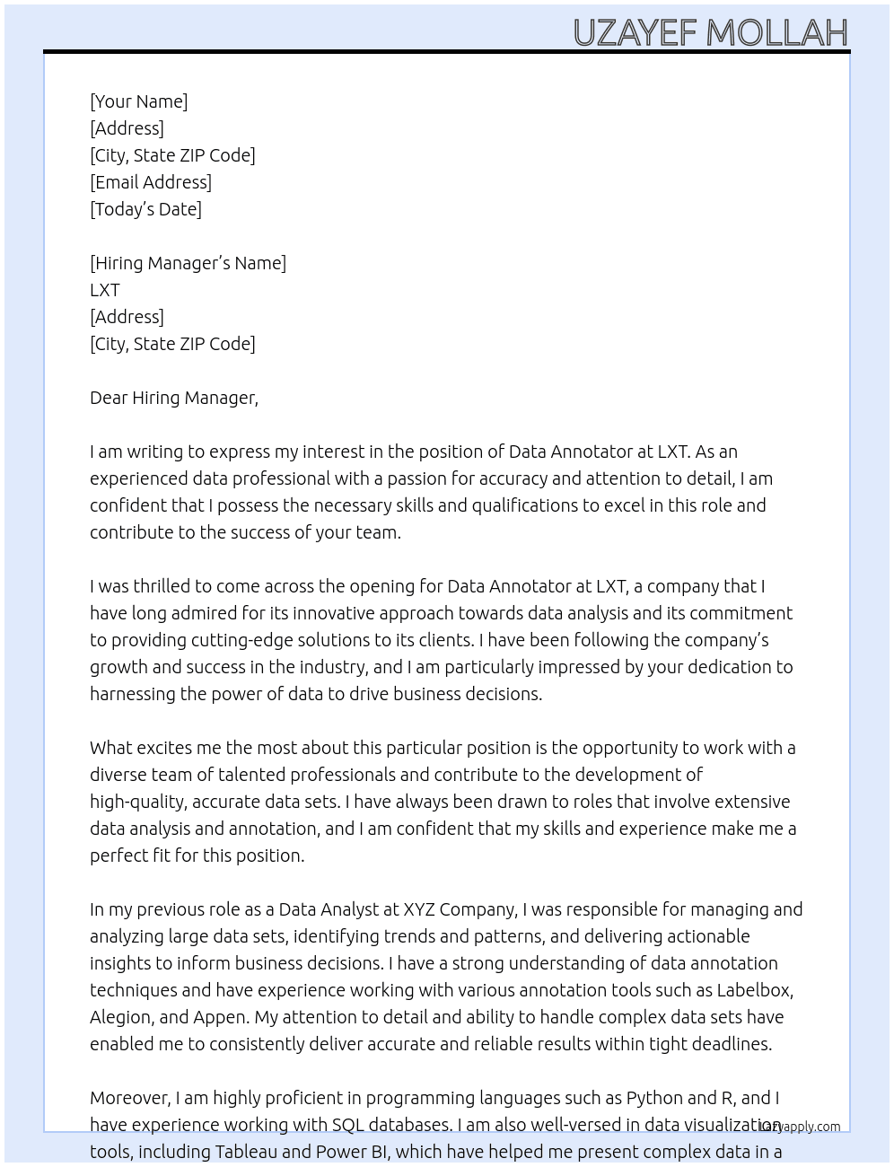 Data Annotator At LXT Cover Letter