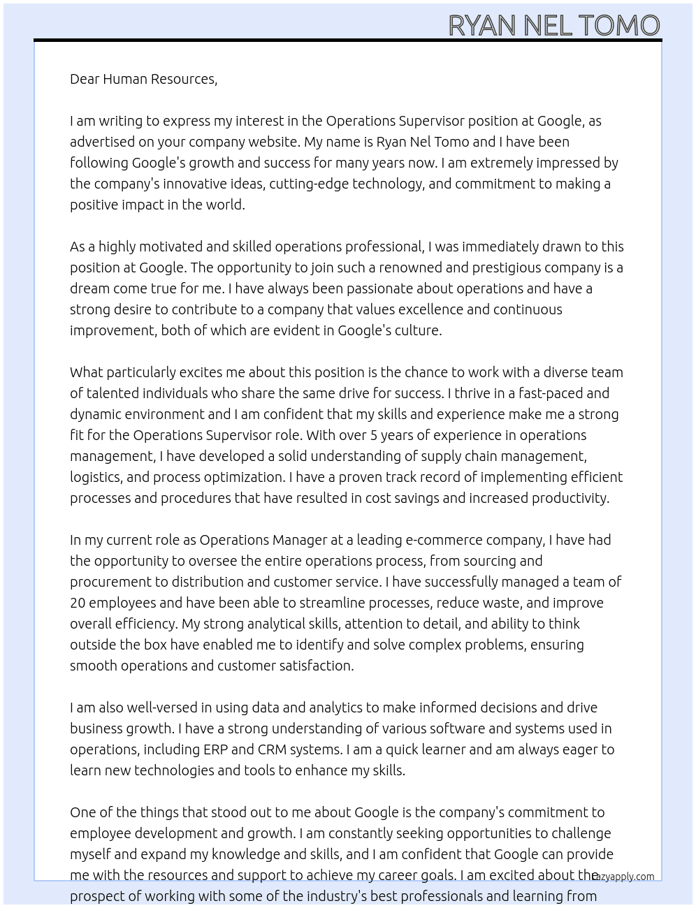 Operations Supervisor At Google Cover Letter