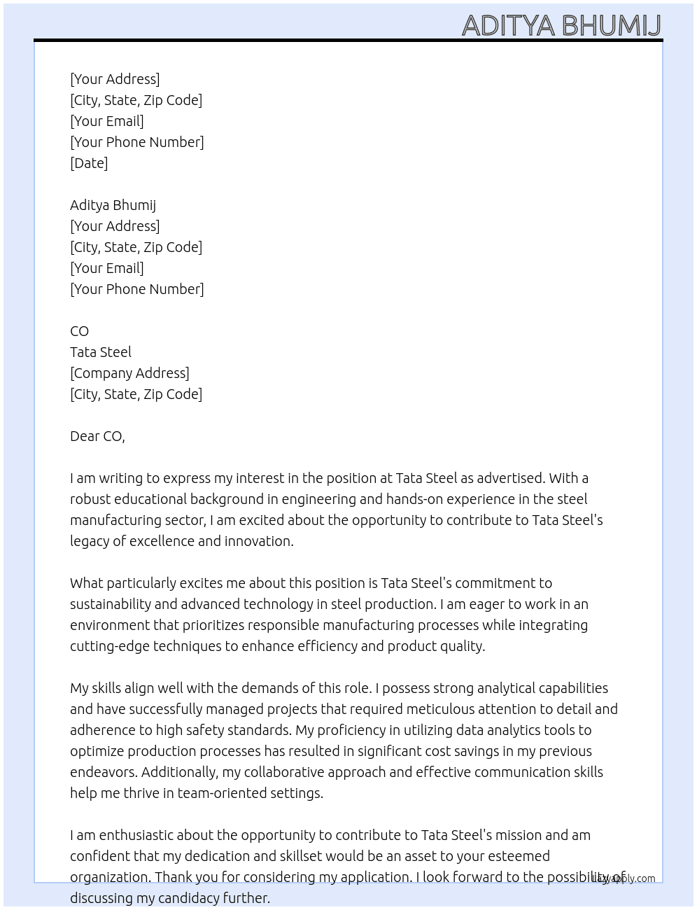 Tata steel  At Tata steel  Cover Letter
