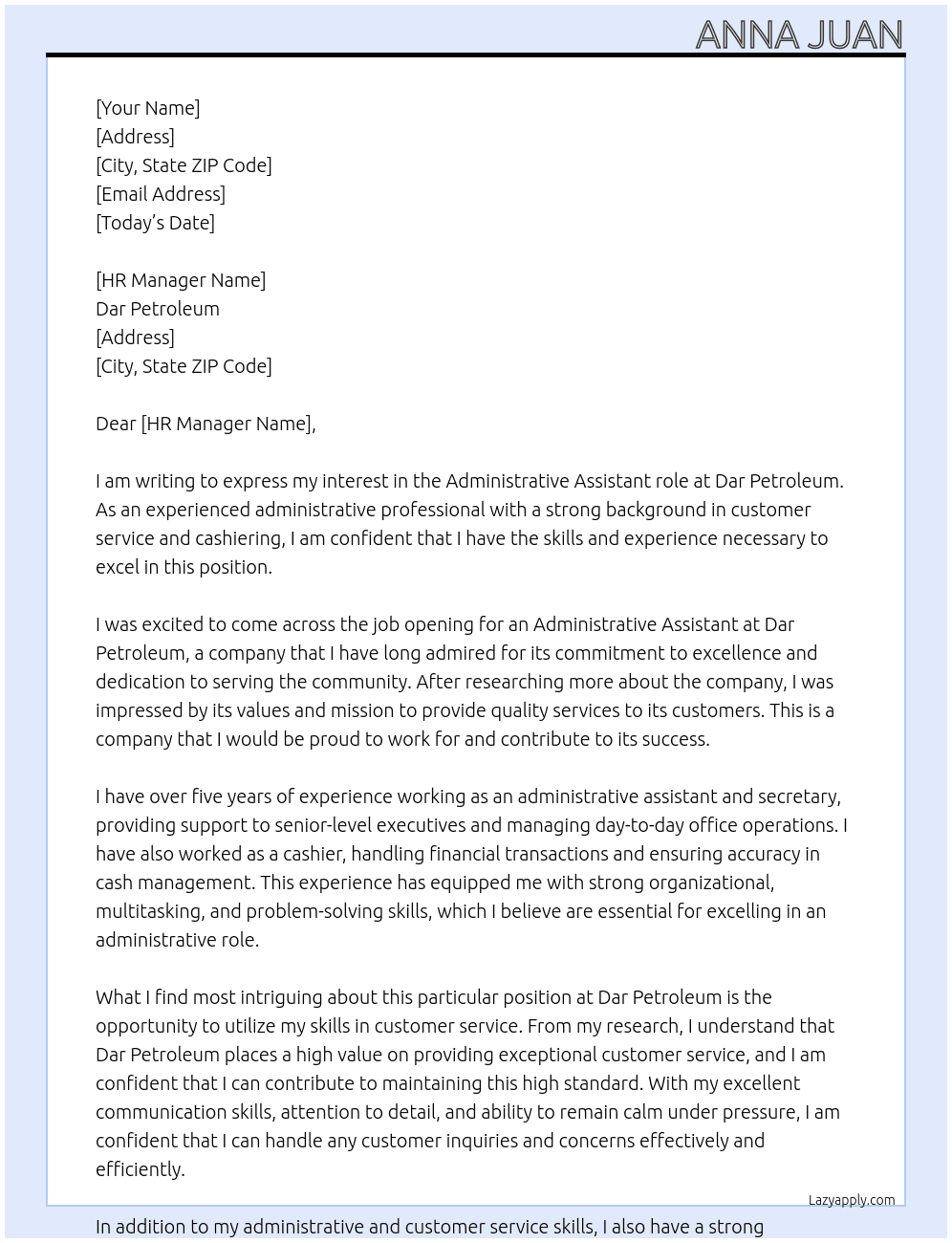 Administrative  At Dar petroleum  Cover Letter