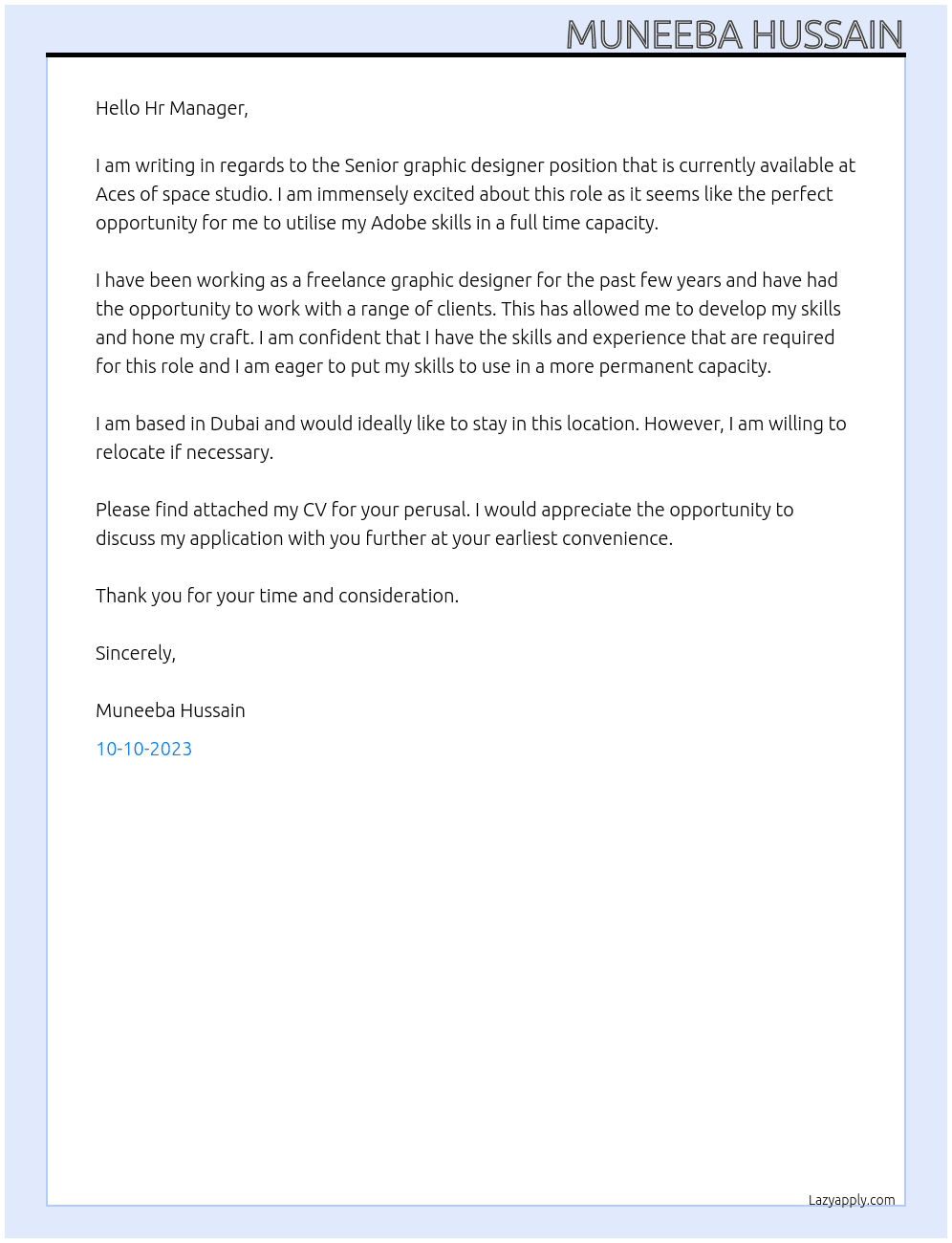 Senior graphic designer At Aces of space studio Cover Letter