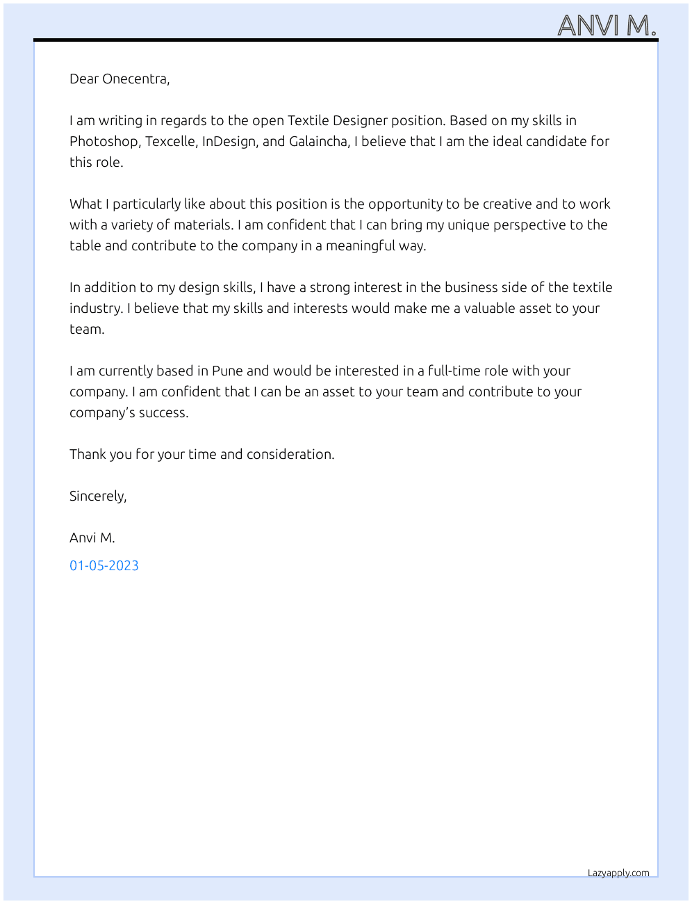 Textile Designer At Onecentra Cover Letter