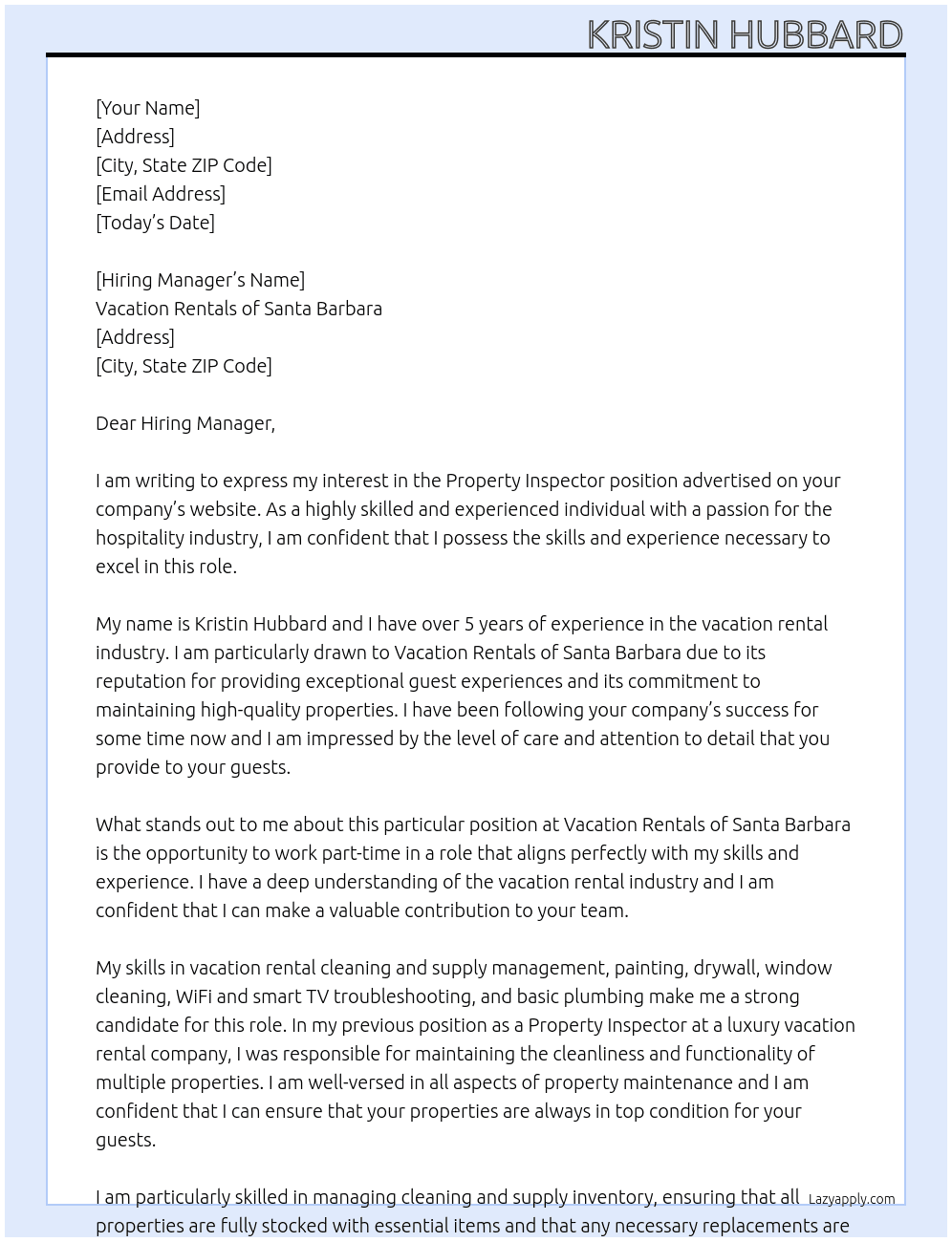 Property Inspector At Vacation Rentals of Santa Barbara Cover Letter