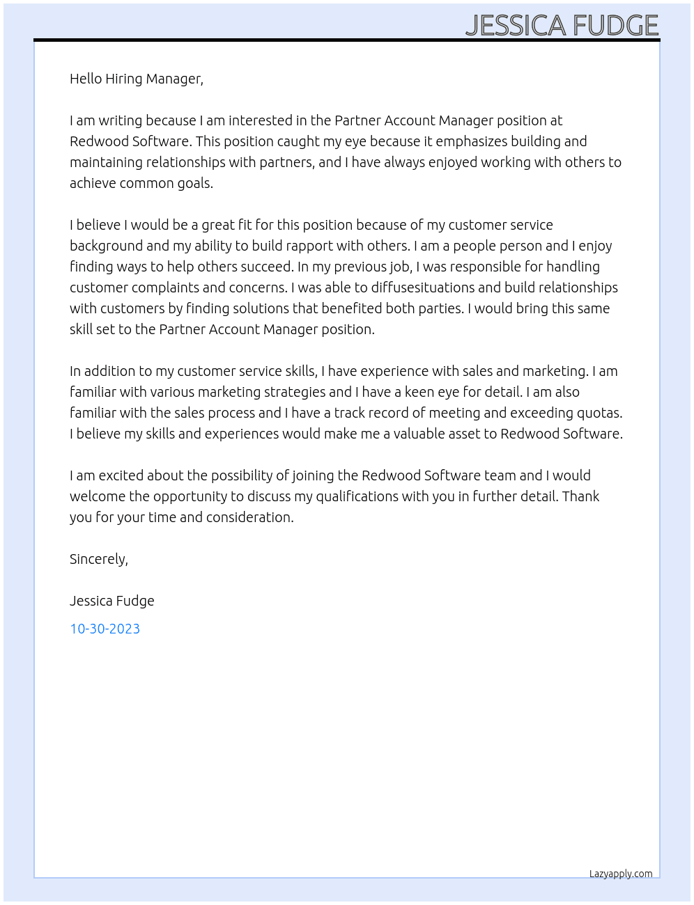 Partner Account Manager At Redwood software Cover Letter