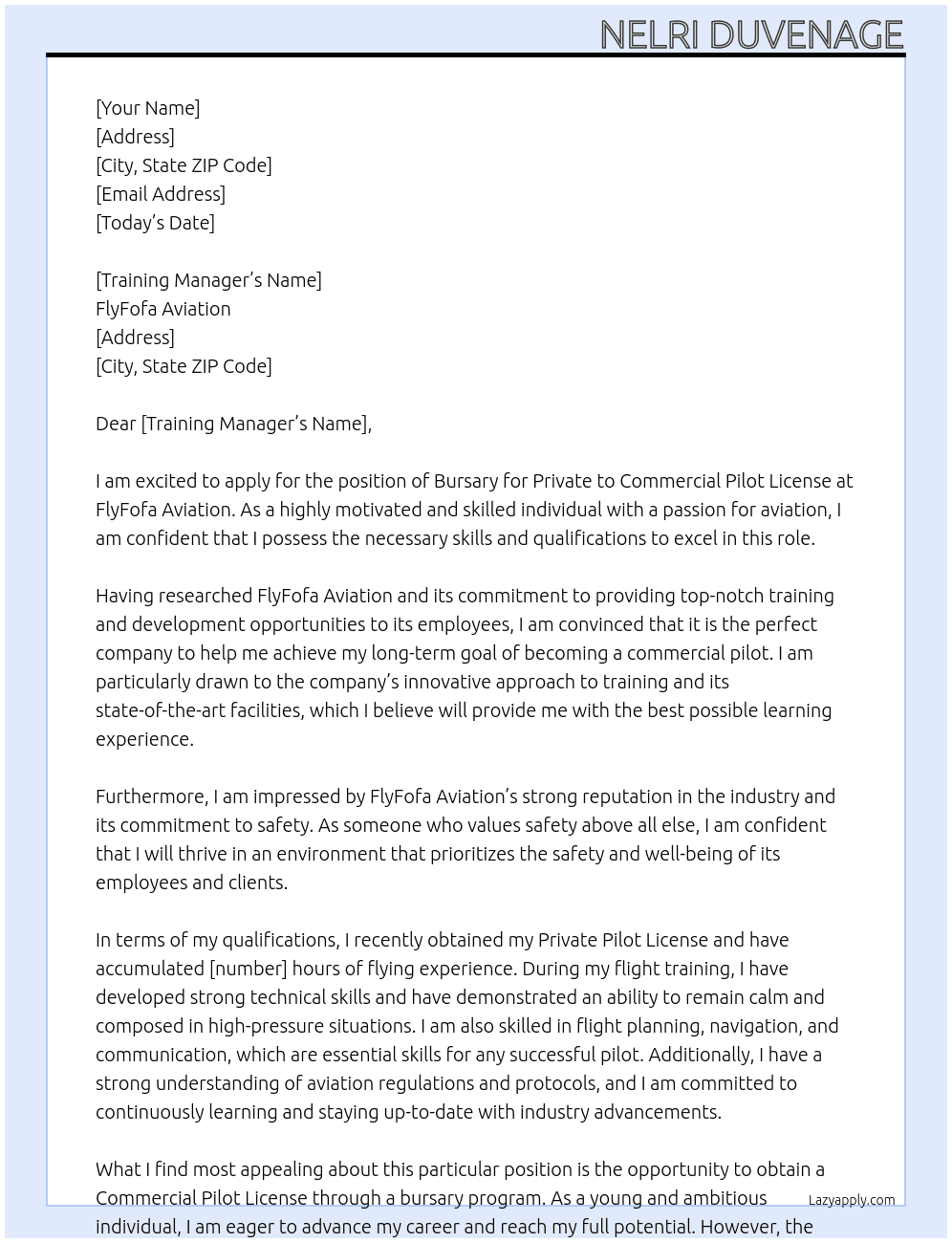 Bursary for Private to Commercial Pilot License At FlyFofa Aviation Cover Letter