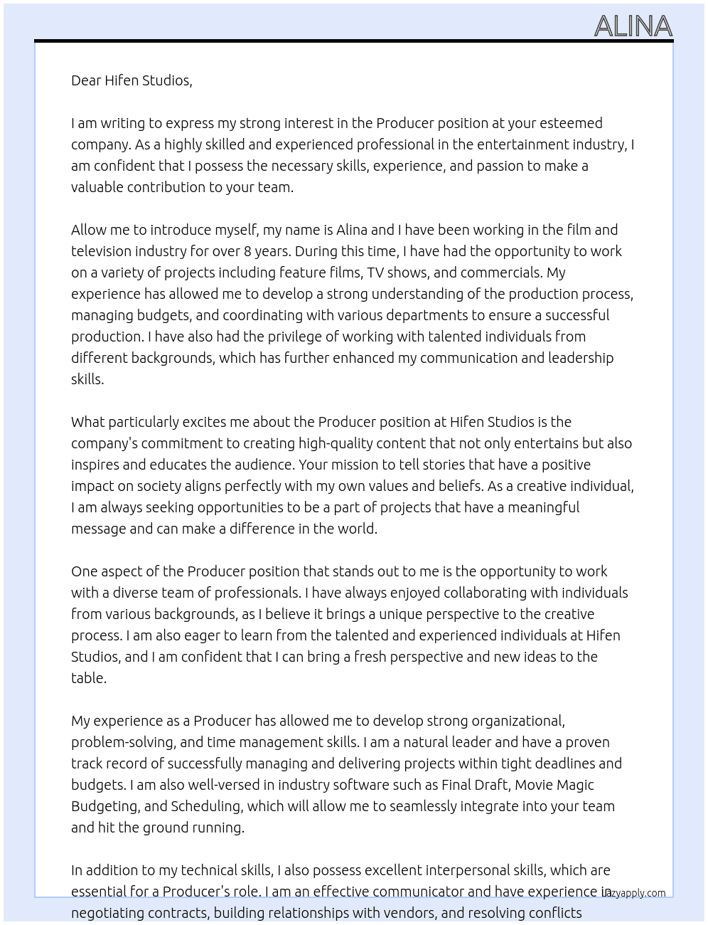 producer At hifen studios Cover Letter
