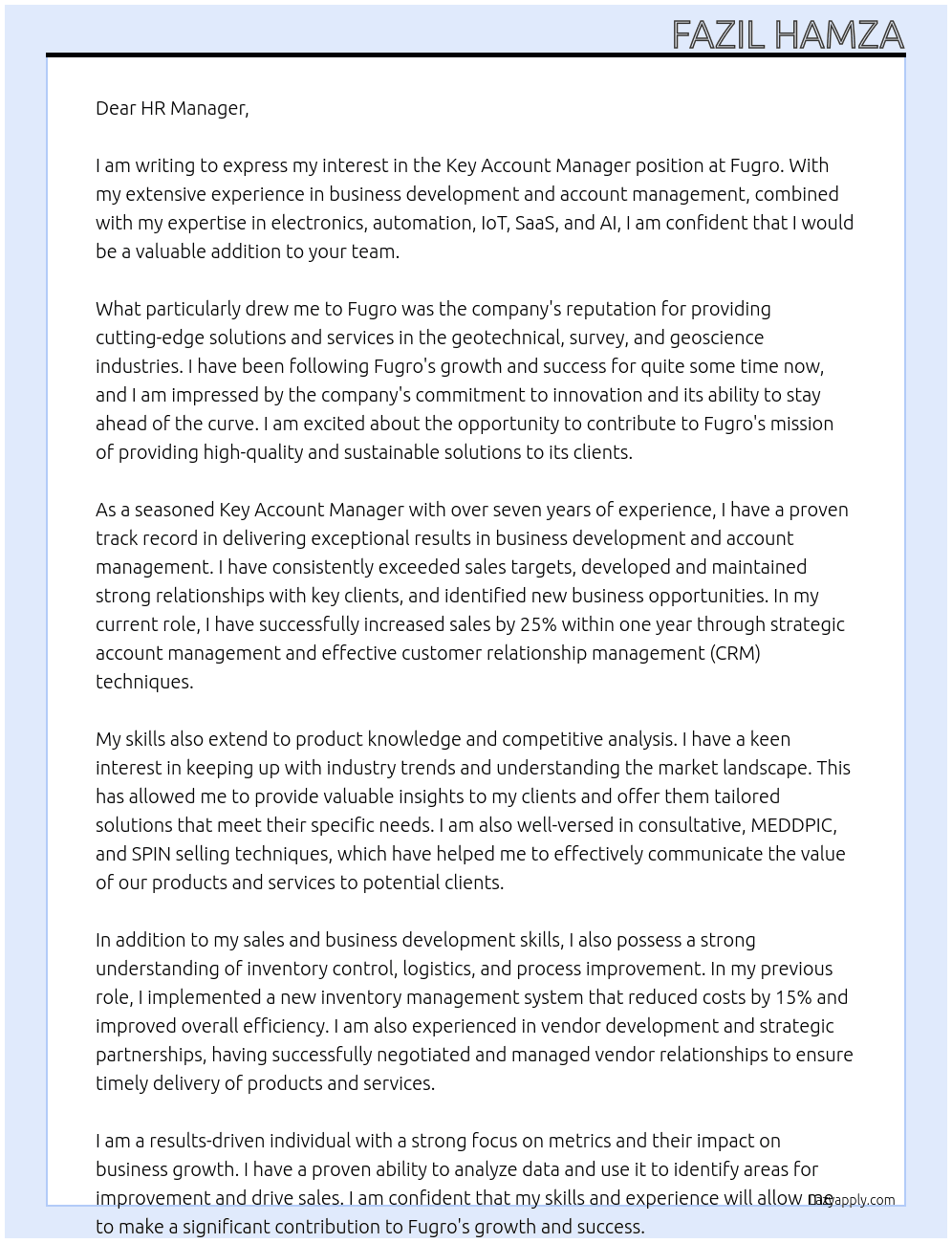 Key Account Manager At Fugro Cover Letter
