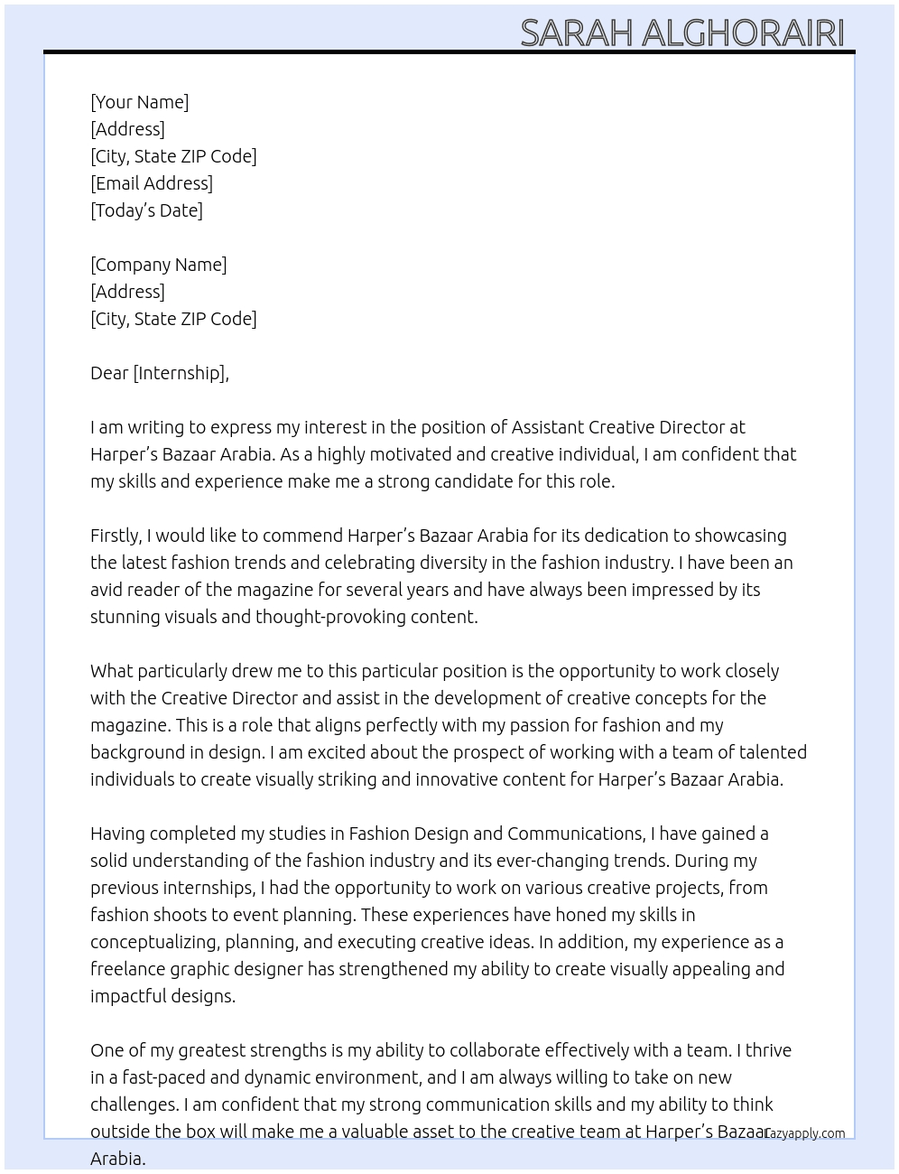 Assistant Creative Director  At Harper’s Bazaar Arabia  Cover Letter