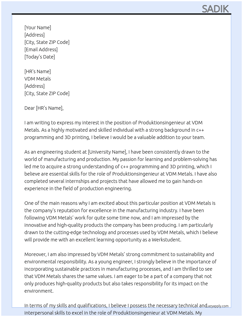 Produktionsingenieur At VDM Metals Cover Letter