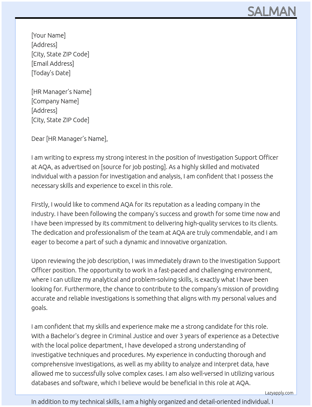 Investigation Support Officer At AQA Cover Letter