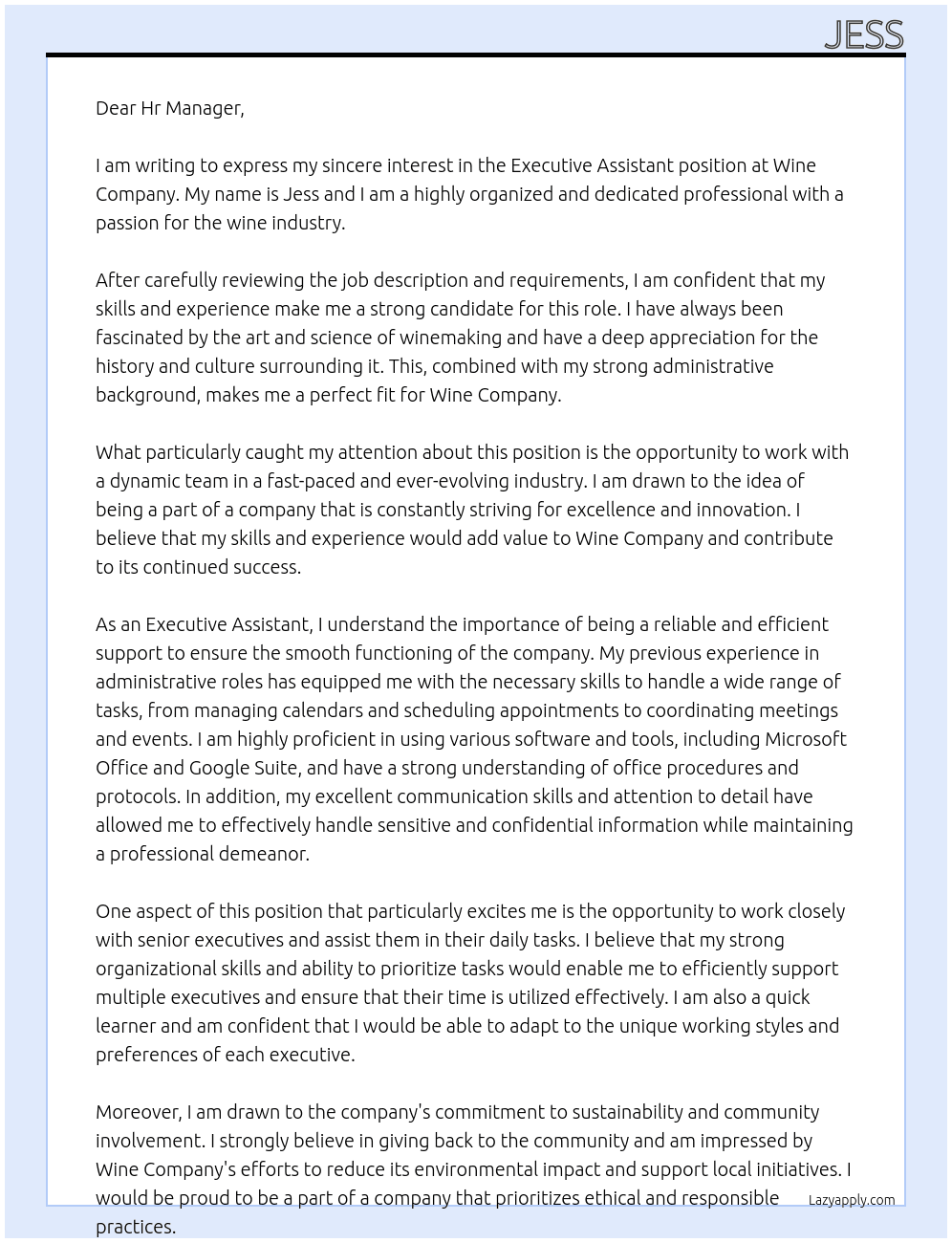 Executive Assistant At Wine Company Cover Letter