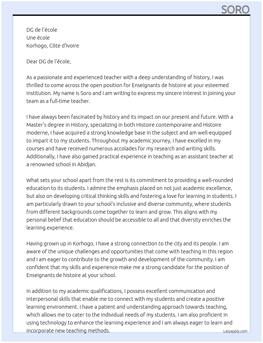 Enseignants de histoire  At Une école  Cover Letter