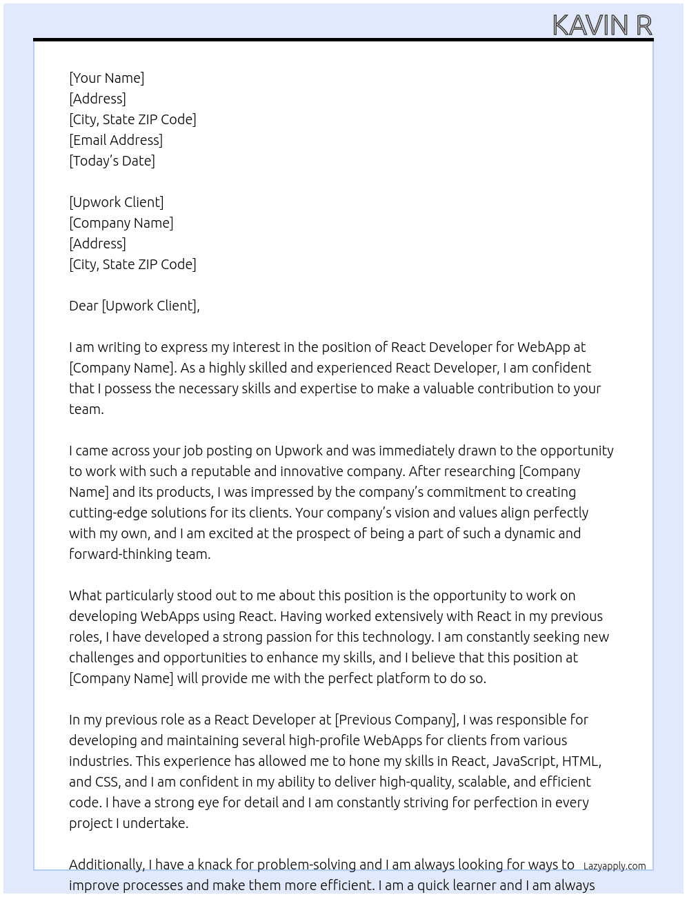 React Developer for WebApp At Upwork client  Cover Letter