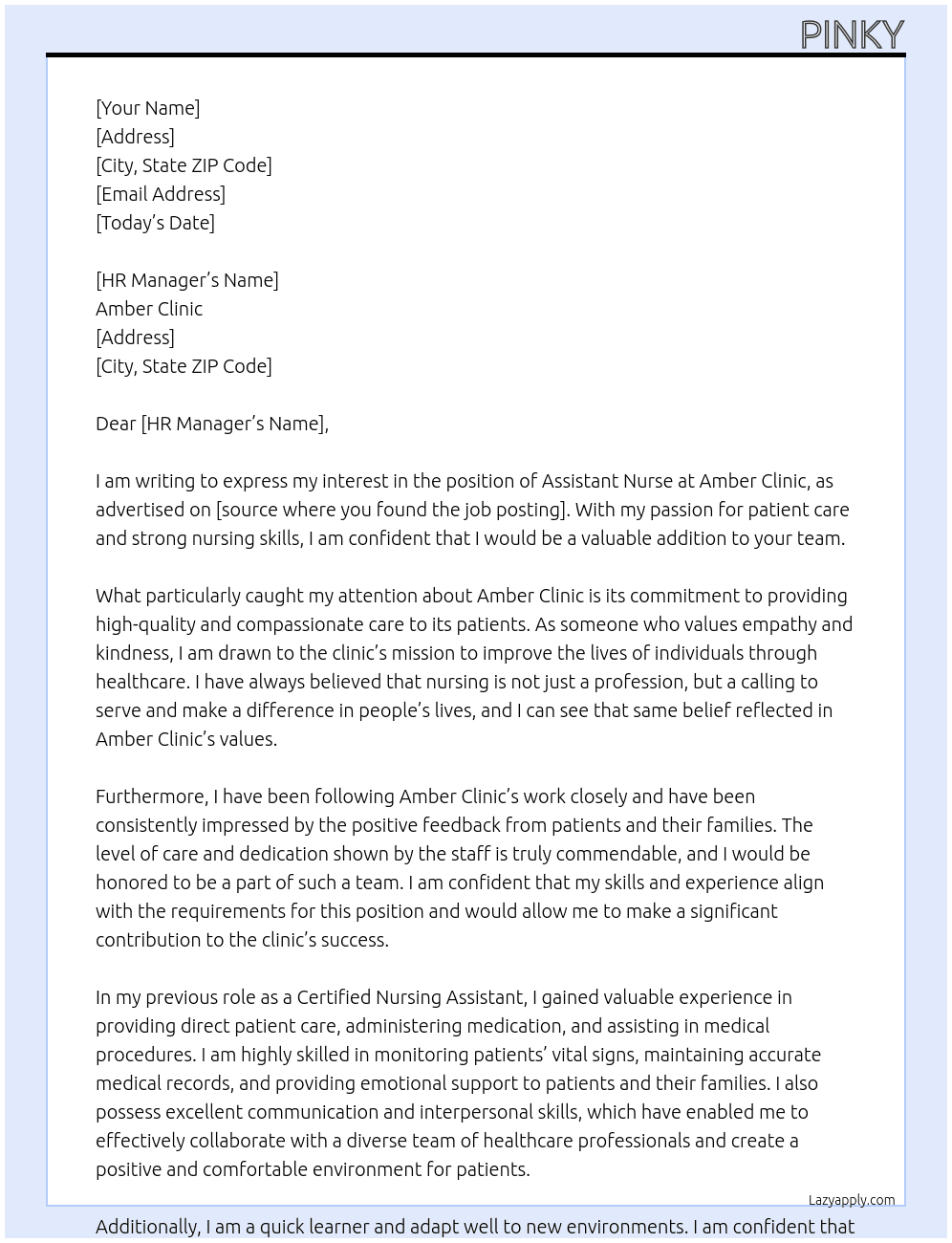 Assistant Nurse  At Amber Clinic  Cover Letter