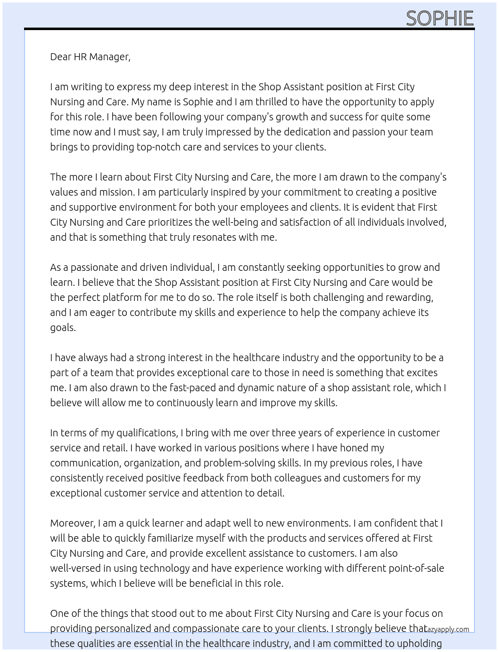 shop assistant  At First City Nursing and Care Cover Letter