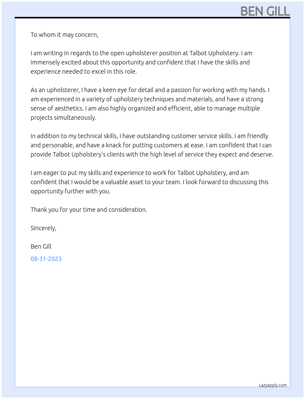 Upholsterer  At Talbot upholstery  Cover Letter