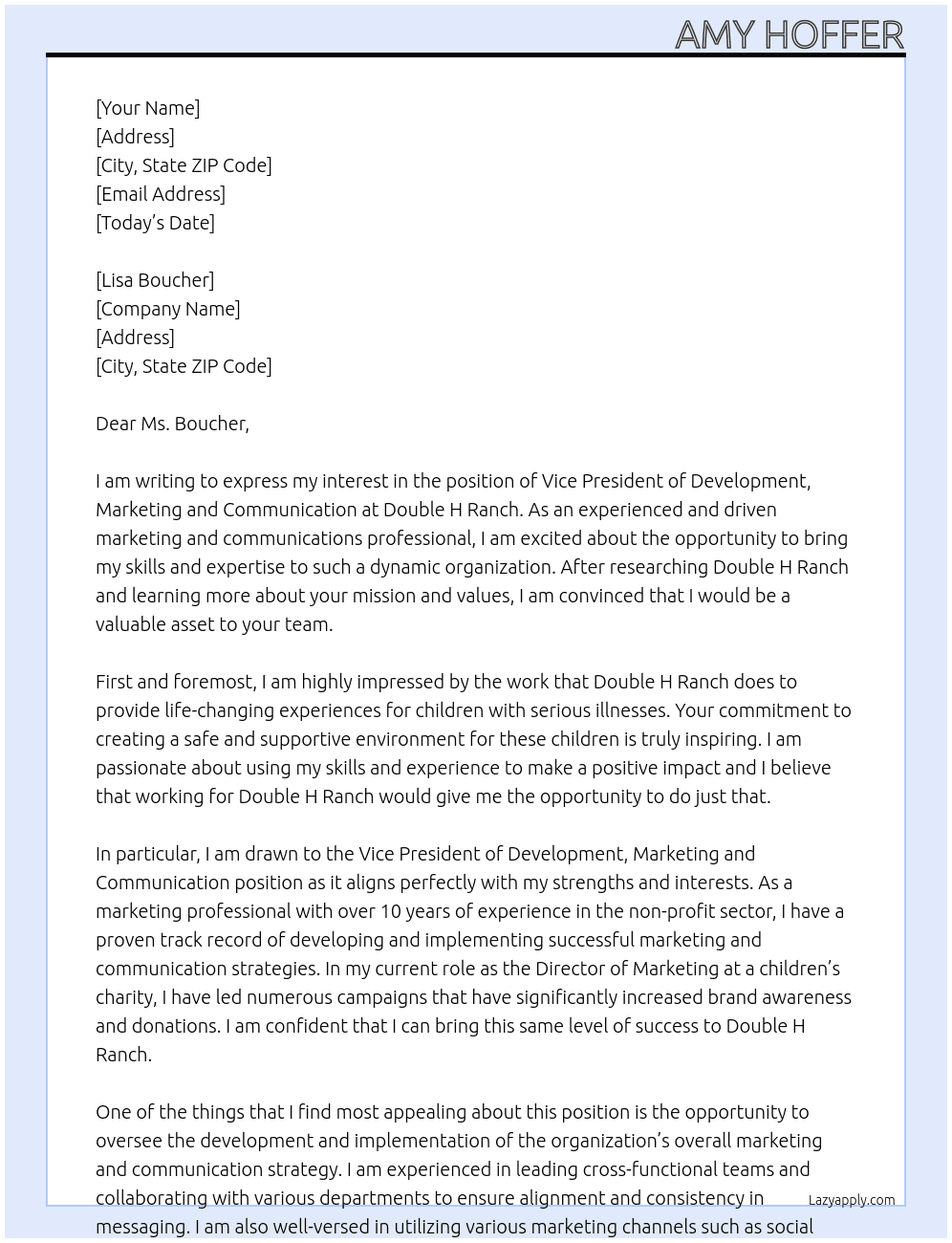 Vice President of Development, Marketing and Communication At Double H Ranch Cover Letter