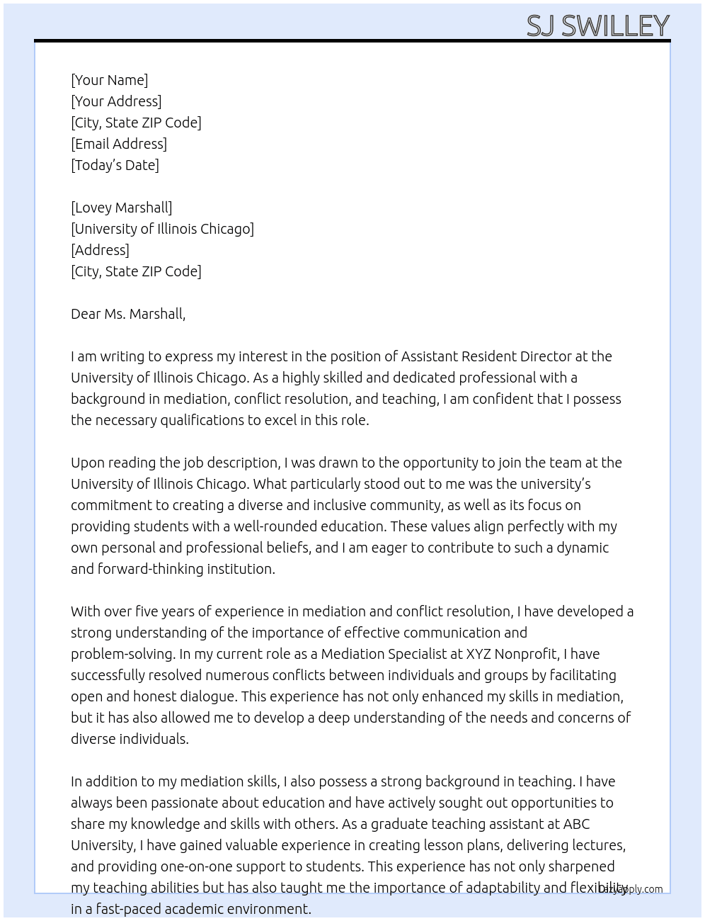 Assistant Resident Director At University of Illinois Chicago Cover Letter