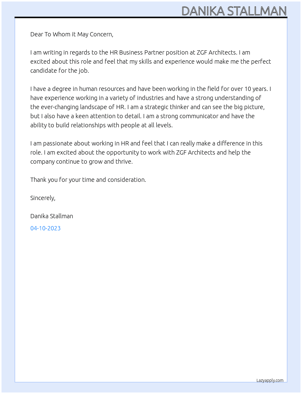 HR Business Partner At ZGF Architects Cover Letter