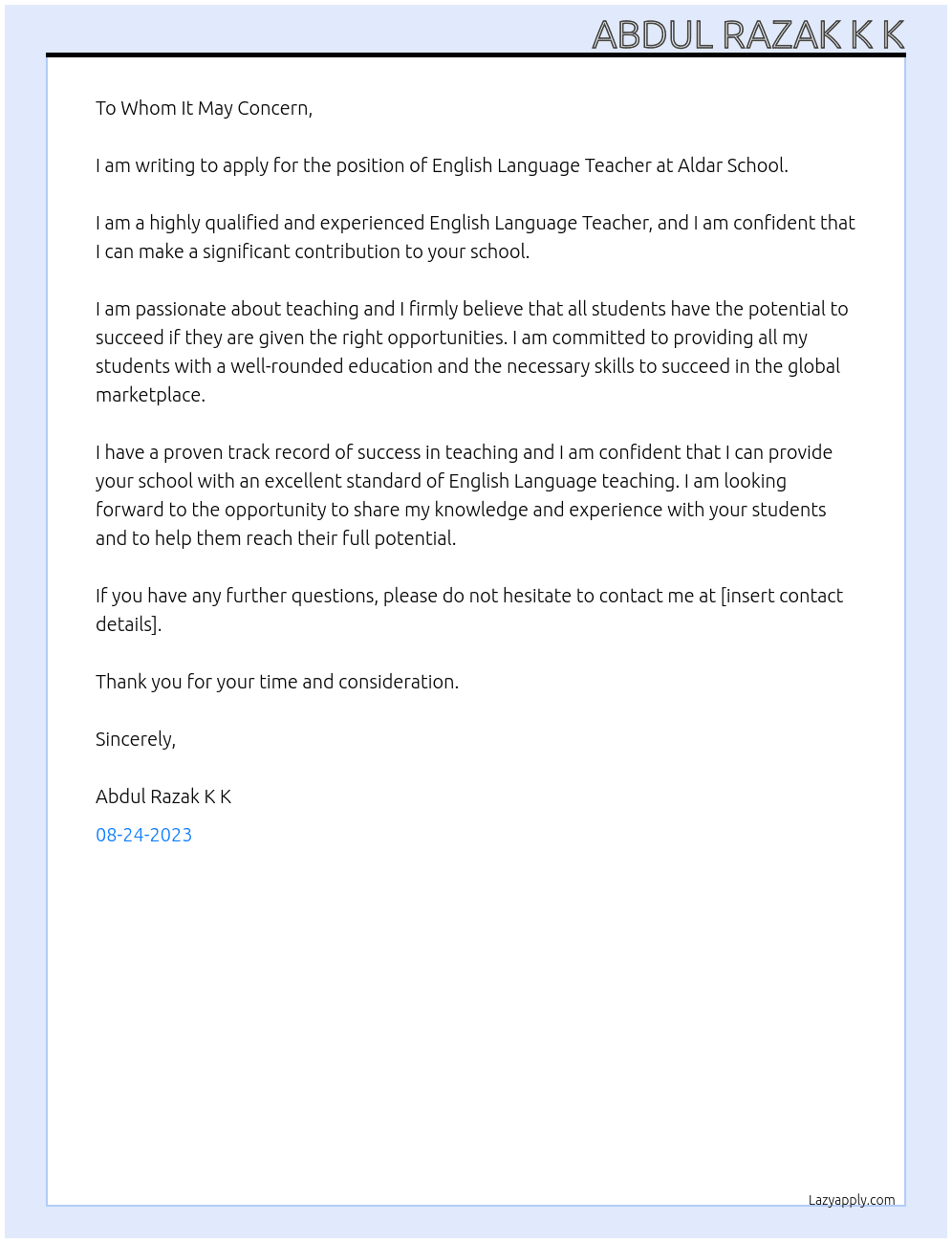 English Language Teacher  At Aldar School  Cover Letter