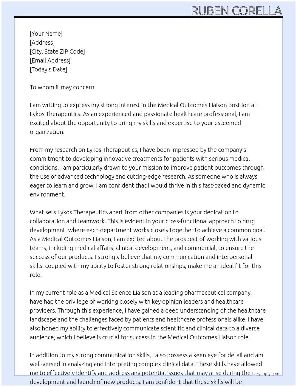 Medical Outcomes Liaison At Lykos Theraputics Cover Letter