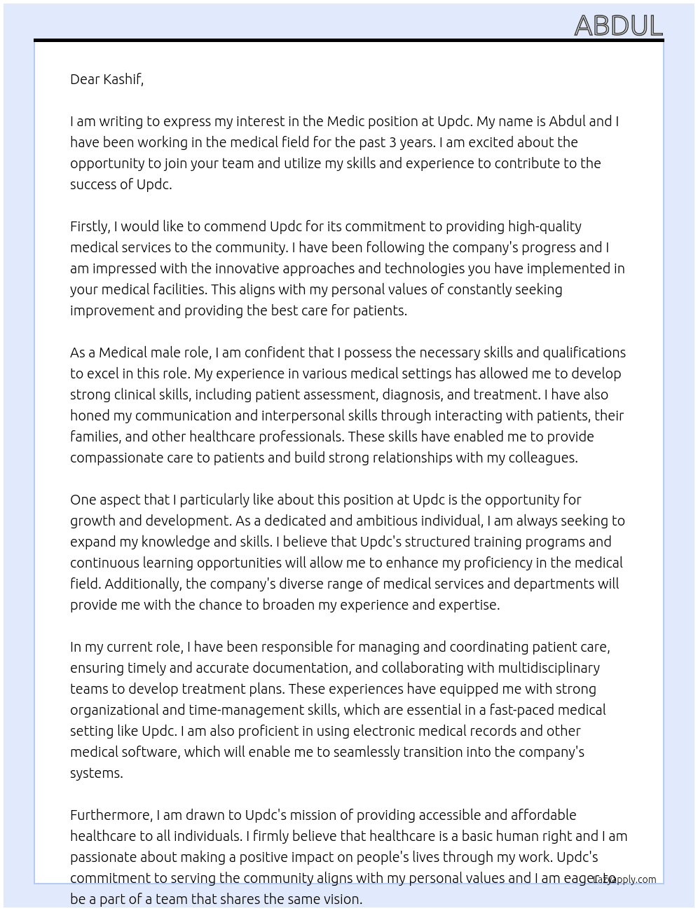 Medic At Updc Cover Letter