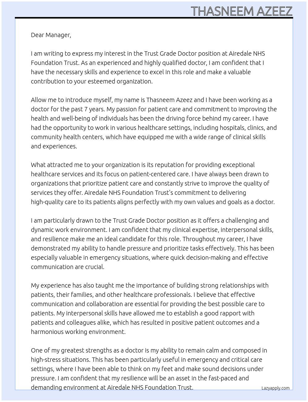 Trust Grade Doctor At Airedale NHS Foundation Trust  Cover Letter