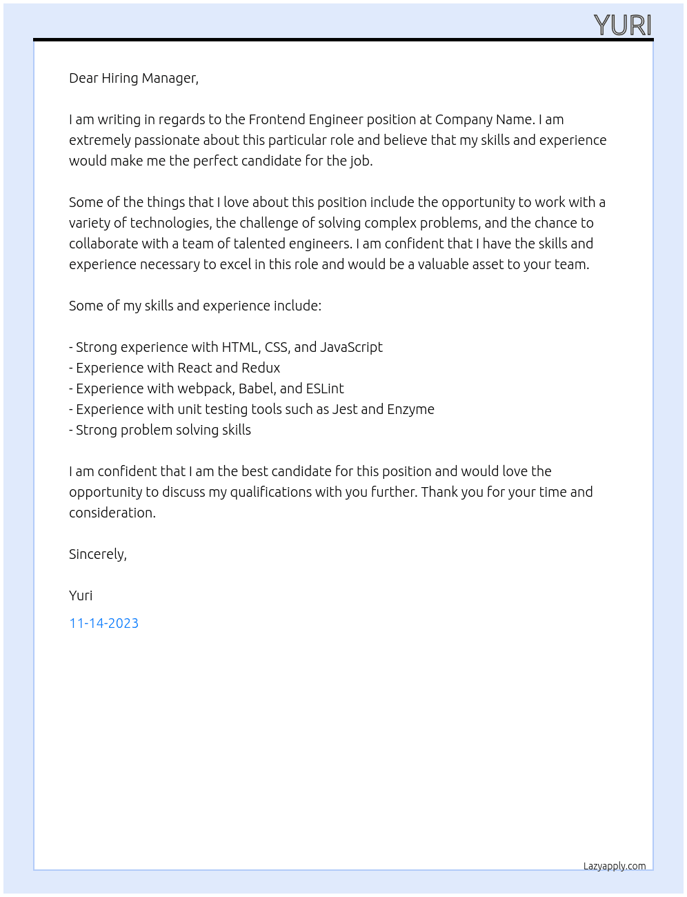 Frontend Engineer At Company Name Cover Letter