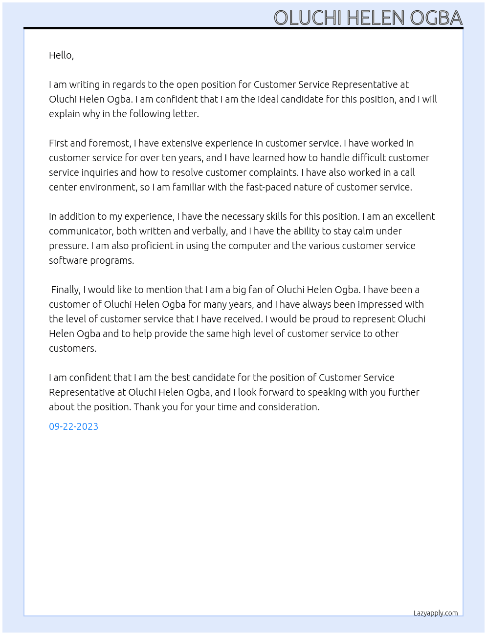 Customer Service Representative At Oluchi Helen Ogba Cover Letter