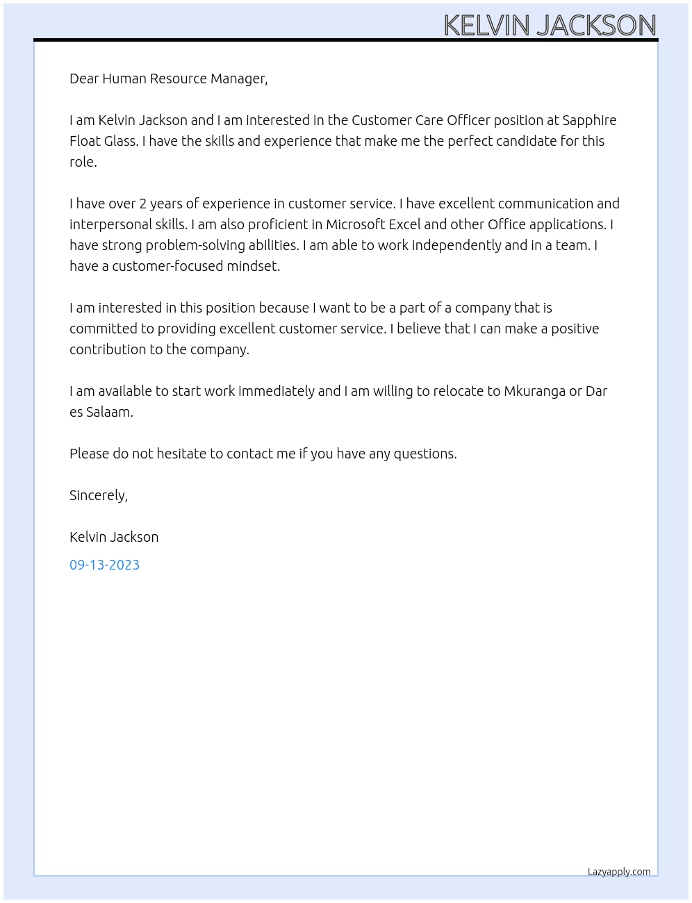 Customer care officer  At Sapphire Float Glass Cover Letter