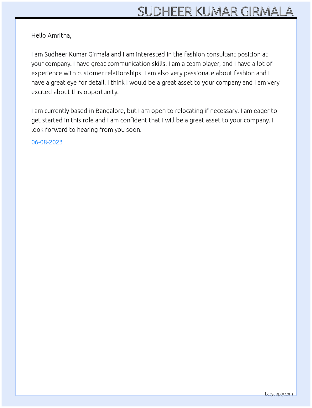 Fashion consultant  At Fashion retail  Cover Letter