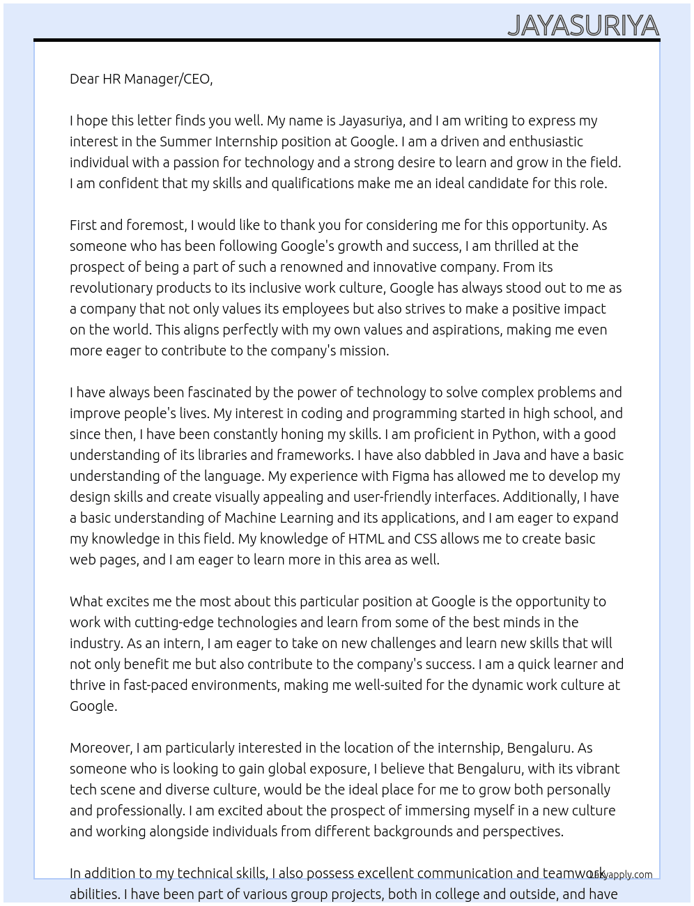 Summer internship  At Google Cover Letter