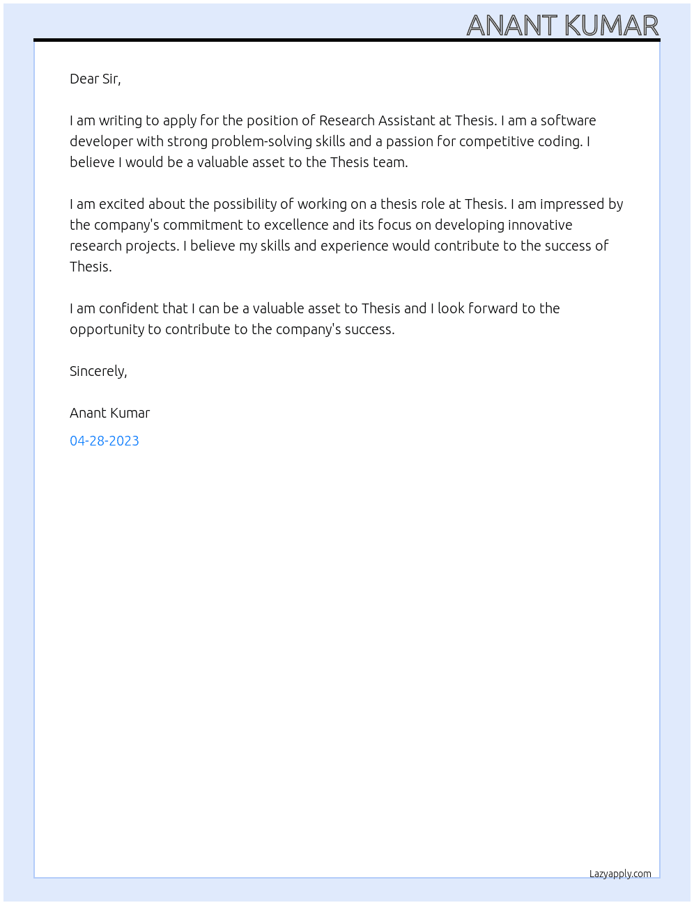 Research Assistant At Thesis Cover Letter