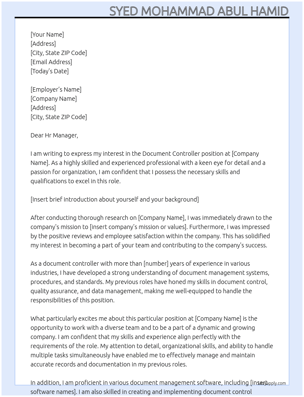 Document controller At n Cover Letter