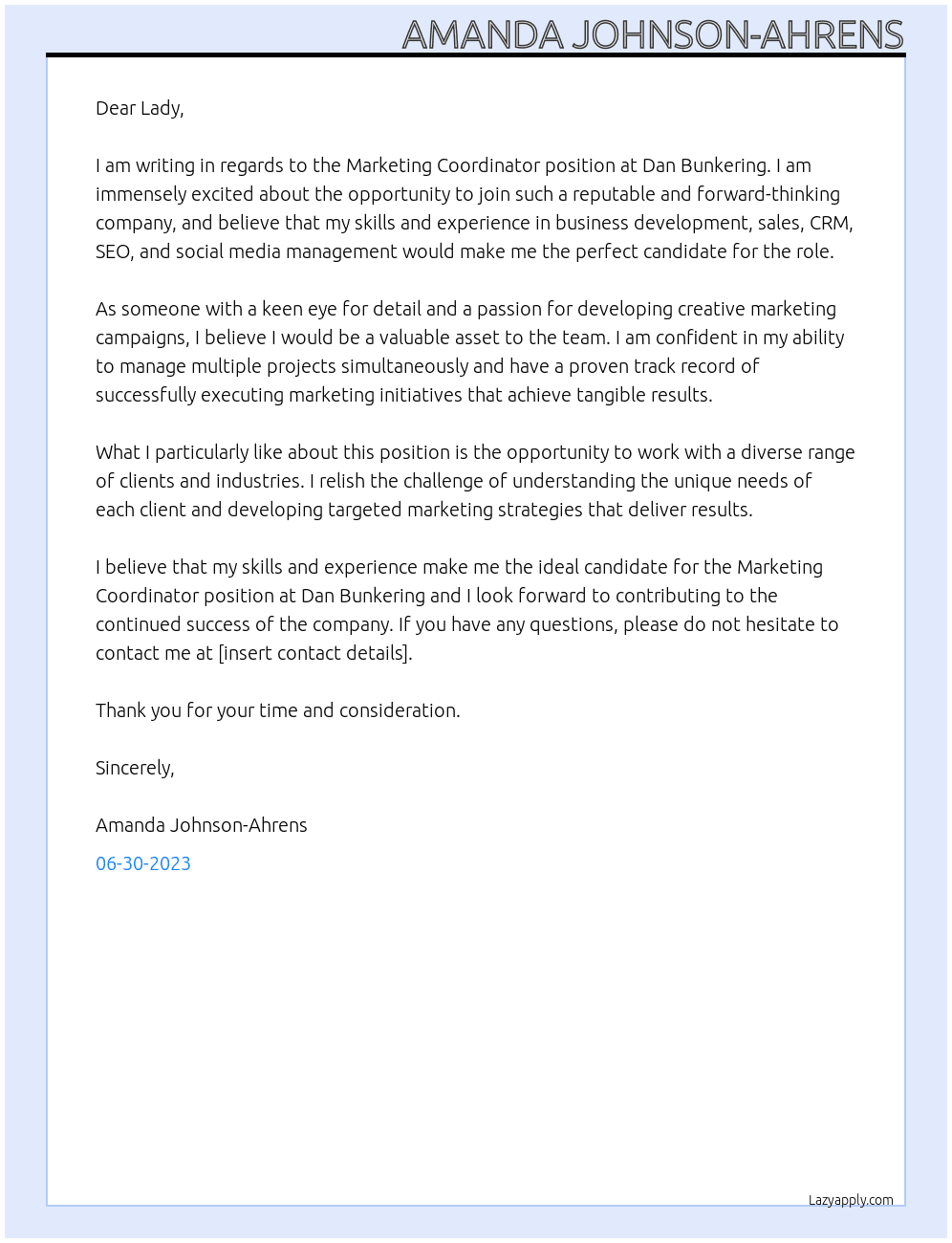 Marketing Coordinator At Dan Bunkering  Cover Letter