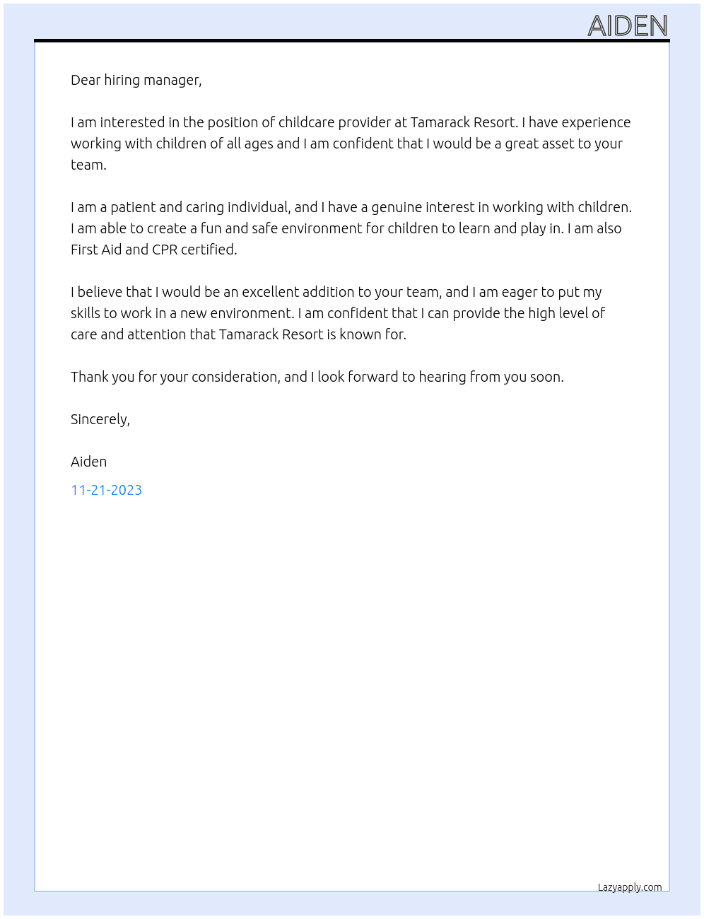Childcare Provider At tamarack resort Cover Letter