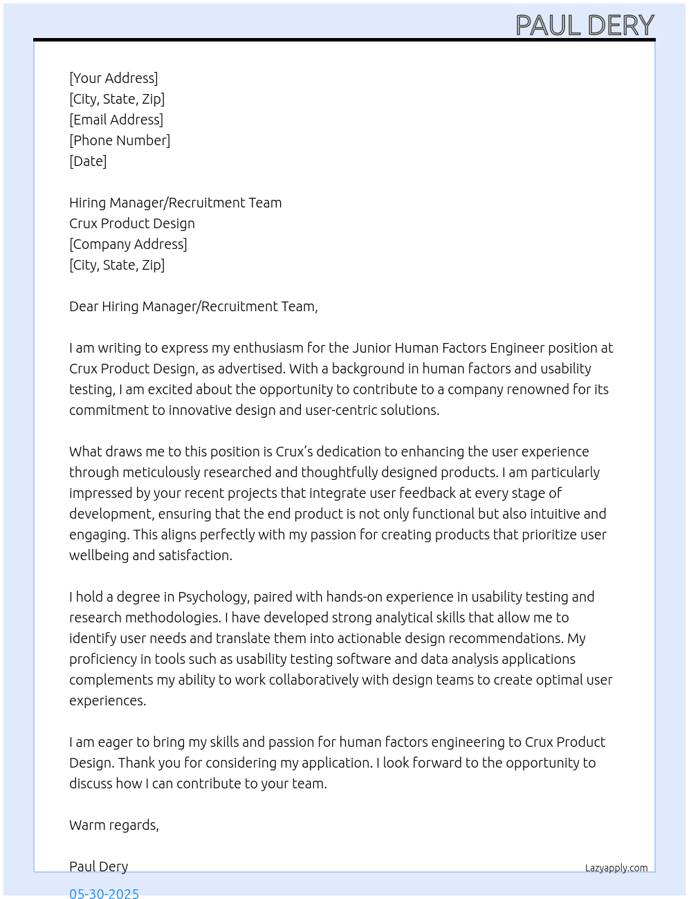 Cover letter for junior human factors engineer - LazyApply