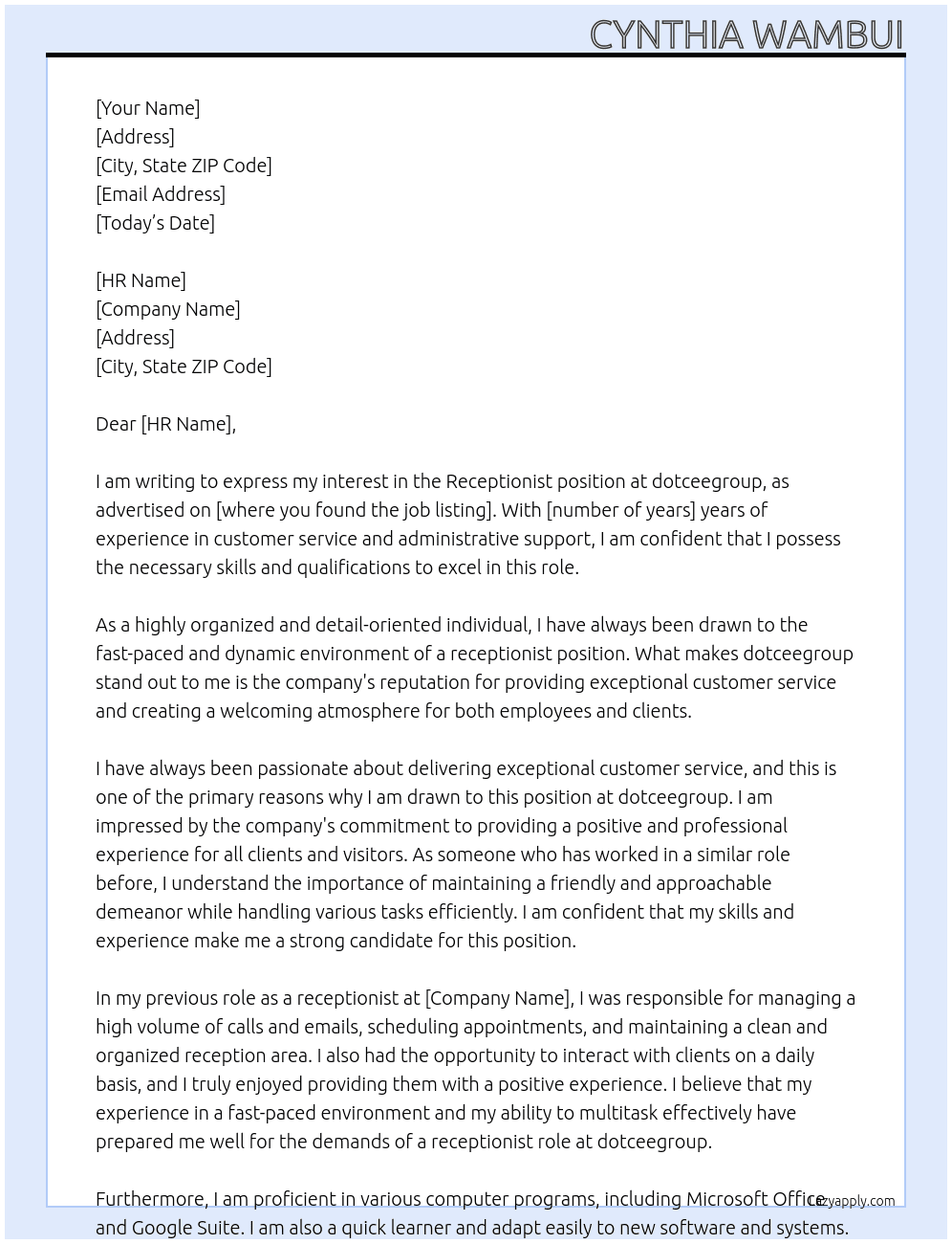 receptionist At dotceegroup Cover Letter