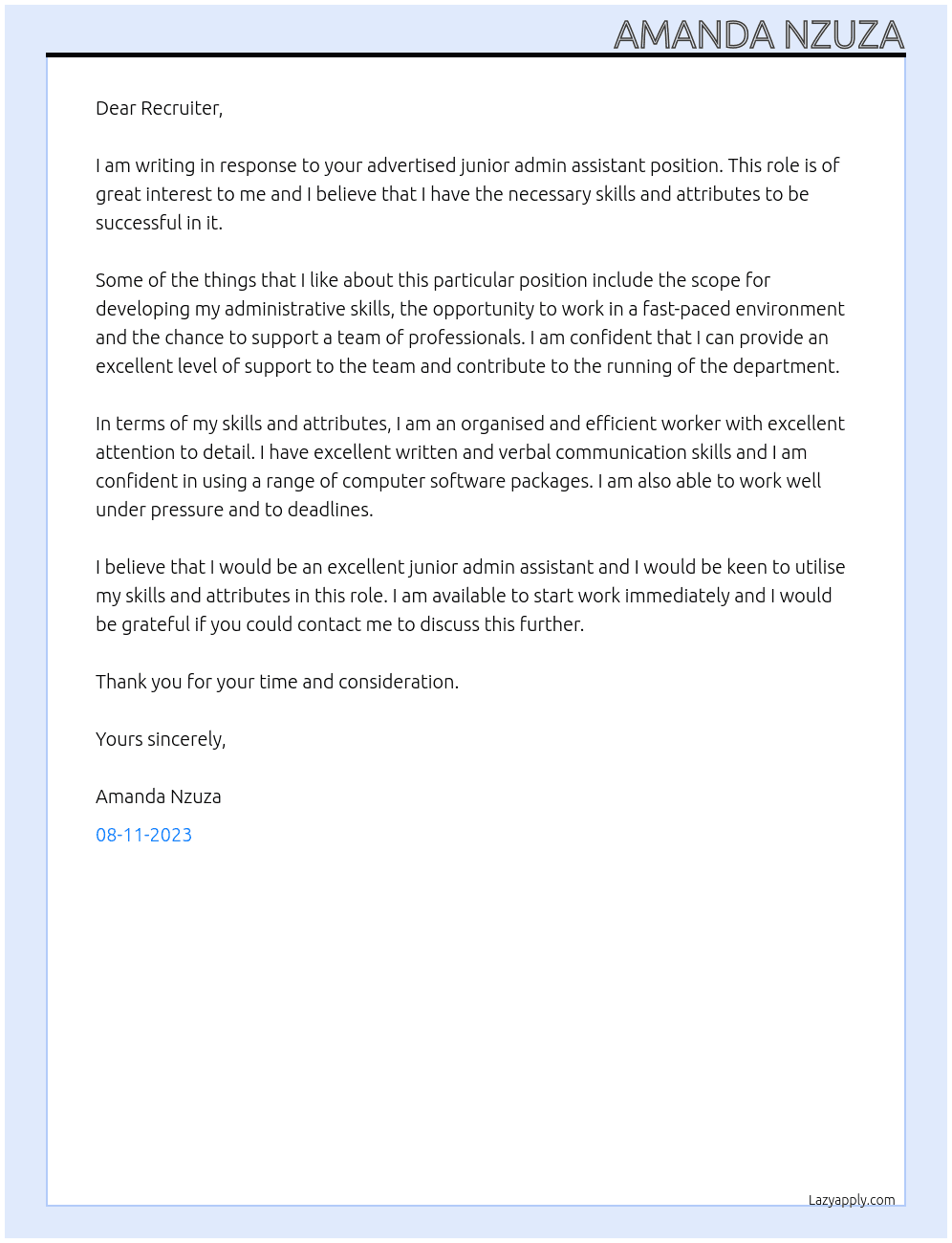 Junior Admin Assistant At PFS Holdings Cover Letter